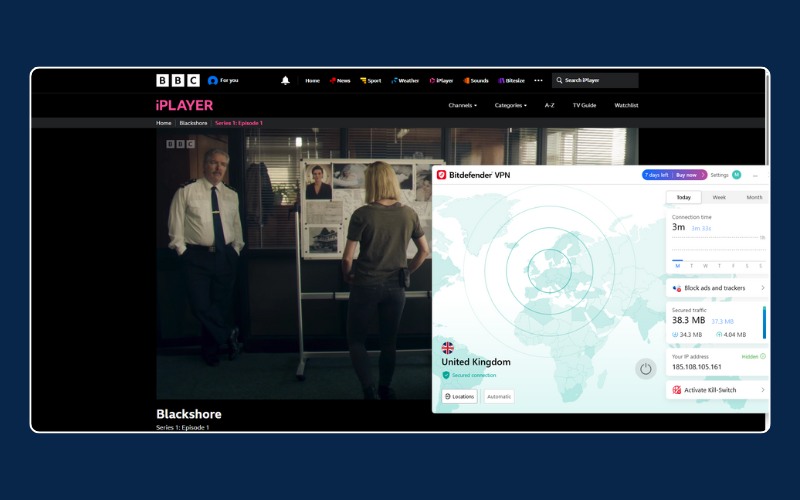 Successful unblocking of BBC iPlayer through Bitdefender VPN