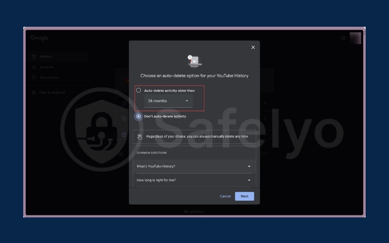 By default, YouTube auto-deletes history after 36 months. Click to adjust the schedule