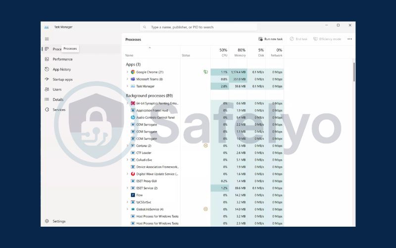 Check for suspicious processes through Task Manager on Windows