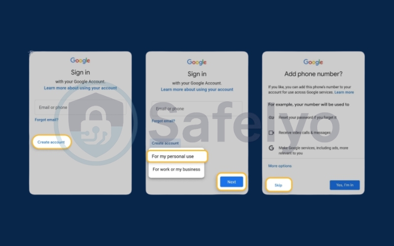 Choose Create account then tap For my personal use and Skip
