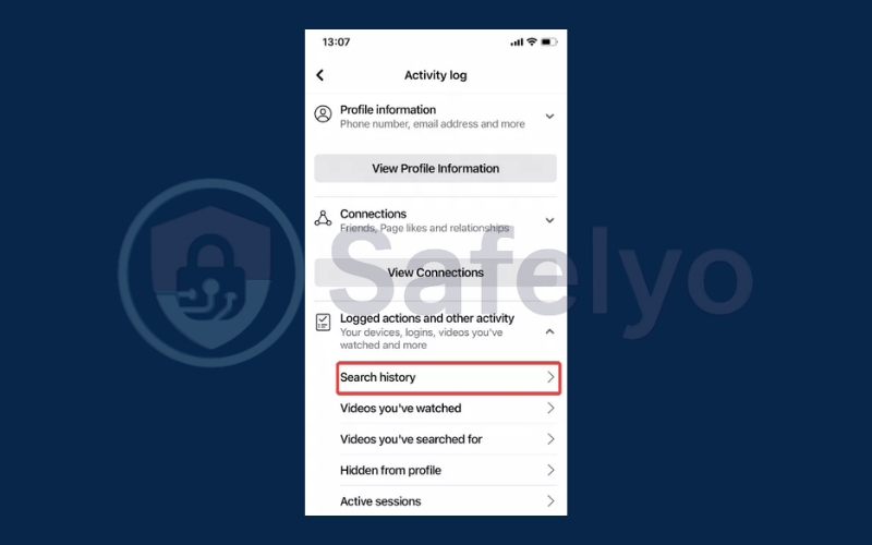 Choose Logged Actions and Other Activities and tap Search History