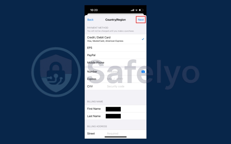 Choose a valid payment method, enter new payment information and tap Next