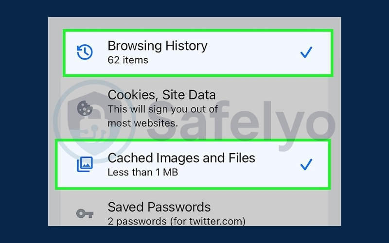 Choose the browsing data to delete