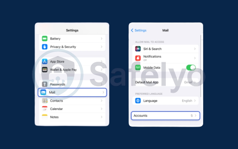 Choose to the Mail section then tap the Accounts button.