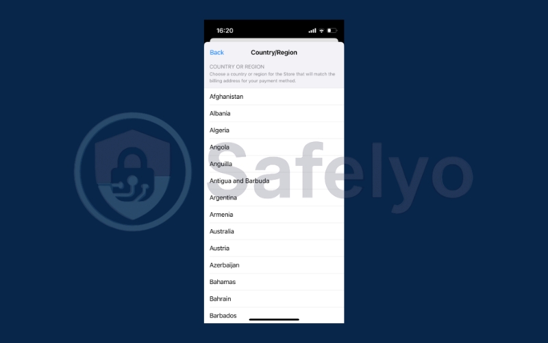 Choose your new country or region from the list