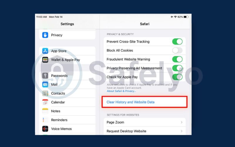 Clear Safari cache and website data