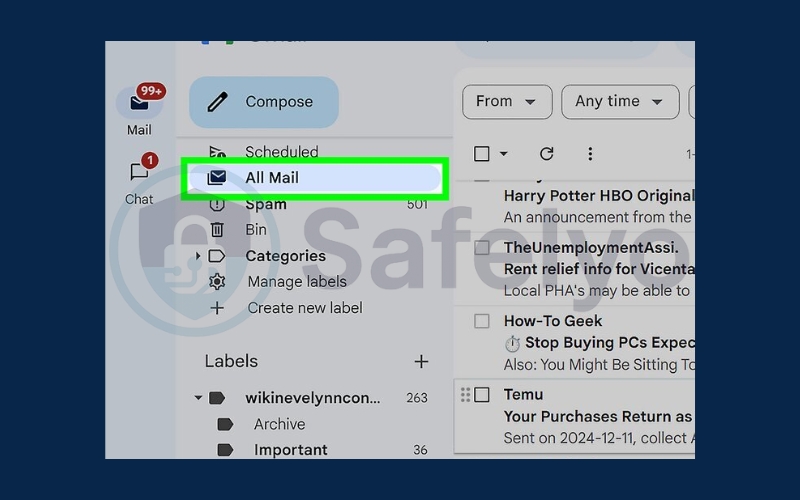 Click All Mail in the left panel of Gmail