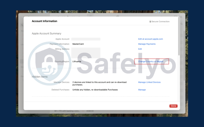 Click Change Country or Region
