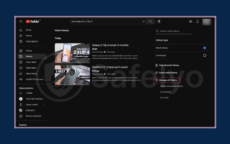 Click Manage all history to pause search history