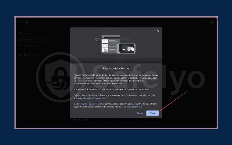 Click Pause to stop YouTube from recording your watch and search history