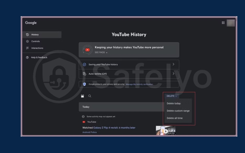 Click the Delete drop-down menu and choose Delete all time