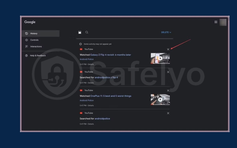 Click the cross button to delete an individual search or watch history