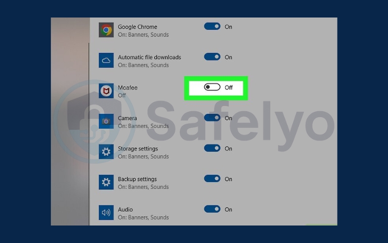 Click the toggle next to McAfee to turn it off