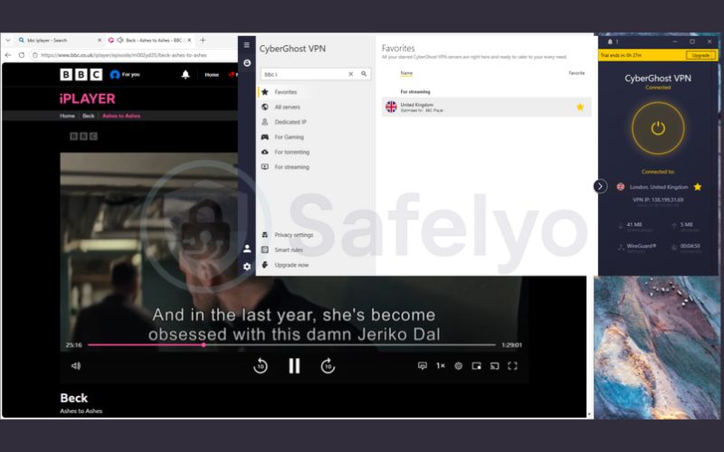 CyberGhost VPN successfully unblocking and streaming BBC iPlayer