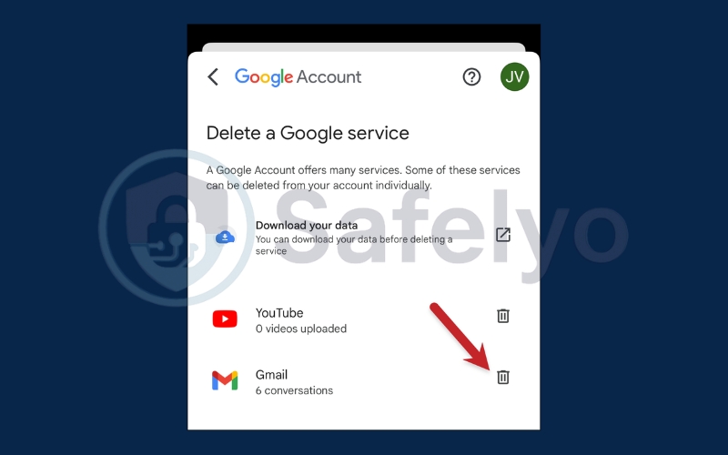 Find Gmail and tap the trash can icon
