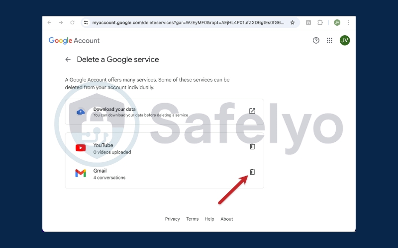 Find Gmail in the list and click the garbage can icon
