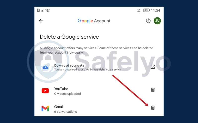 Find Gmail in the list, then tap on the trash can icon