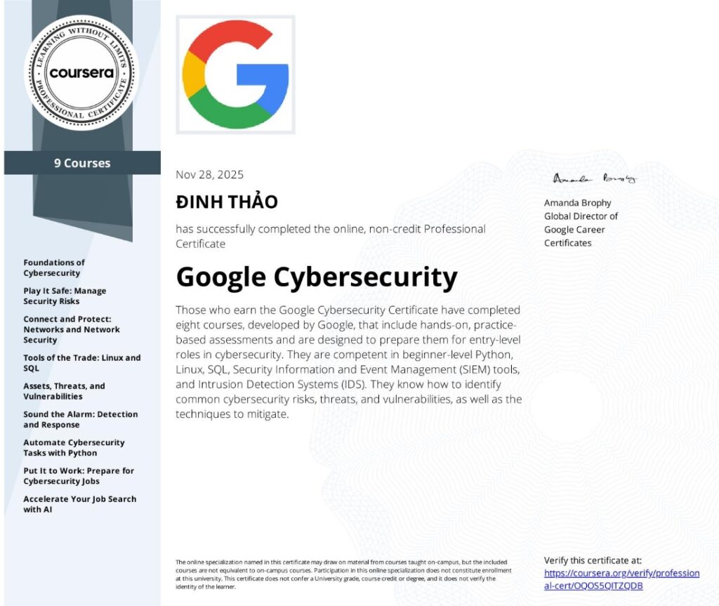 Google Cybersecurity Certificate - Dinh Thi Bich Thao