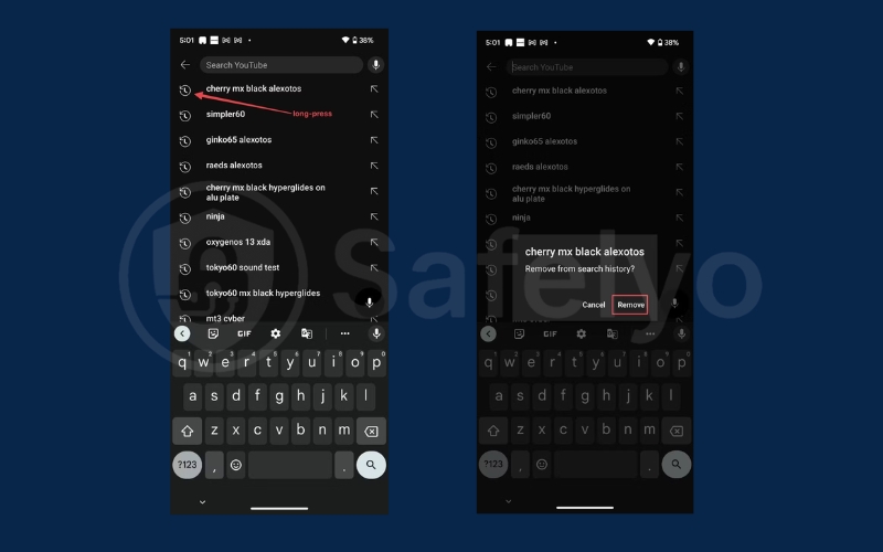 Long press the history item you want to delete and tap Remove