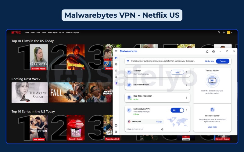 Malwarebytes VPN successfully unblocks the Netflix US library