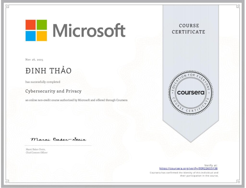 Microsoft Cybersecurity and Privacy Certificate - Dinh Thi Bich Thao