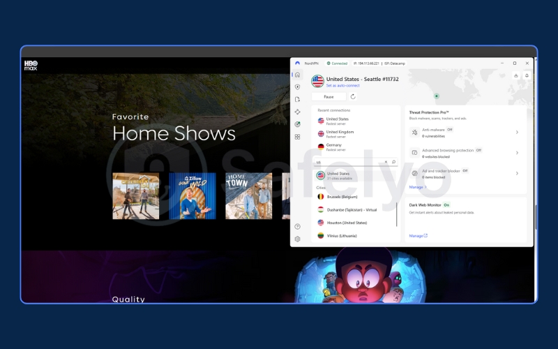 Successful unblocking of HBO Max through NordVPN