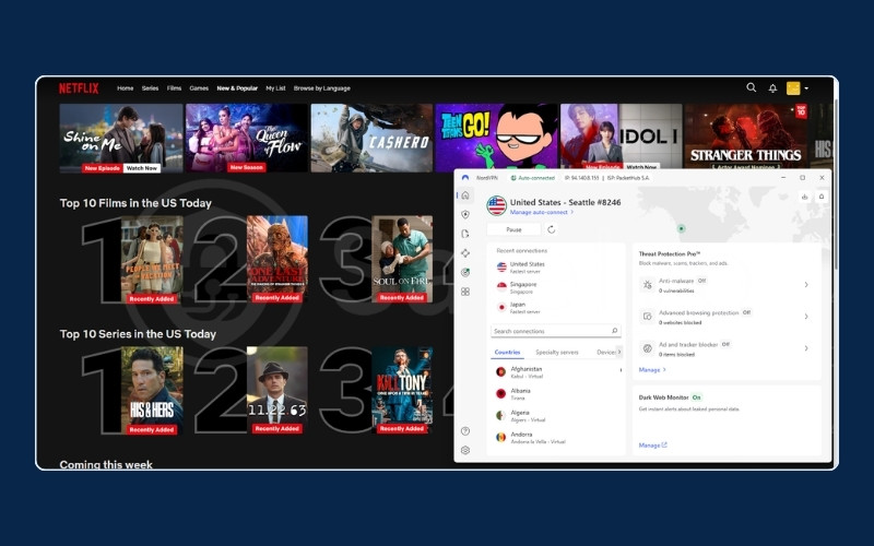 Successful unblocking of Netflix US through NordVPN