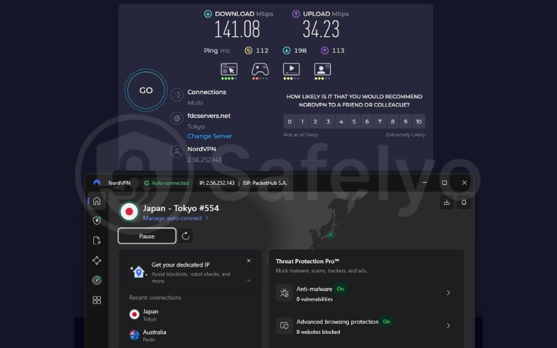 NordVPN speed test on the JP server