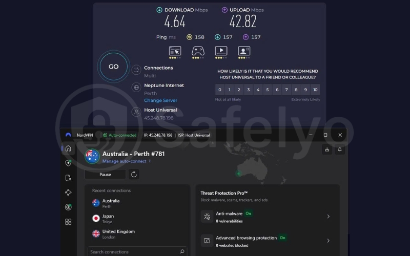 NordVPN speed test on the Perth server