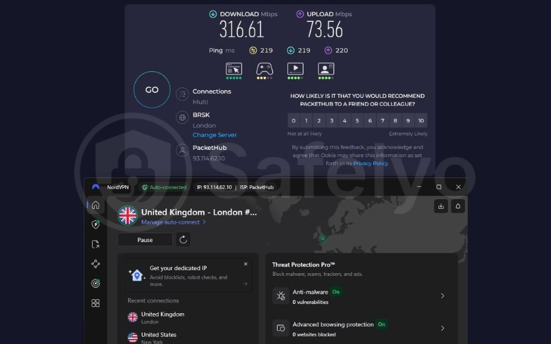 NordVPN speed test on the UK server