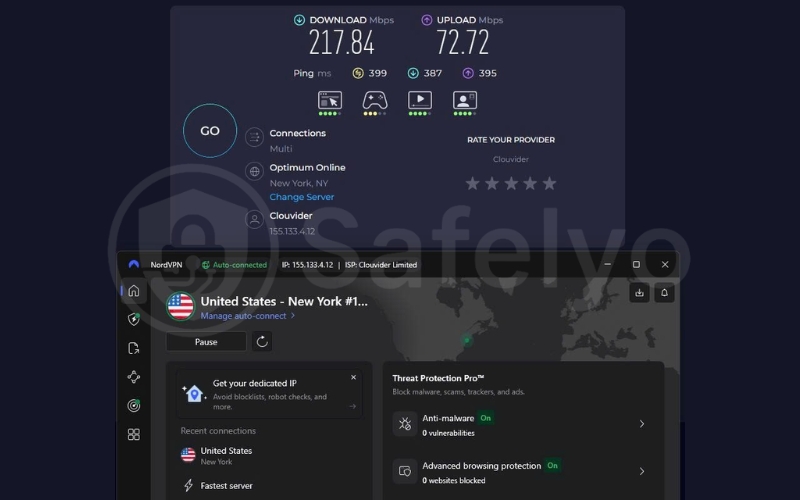 NordVPN speed test on the US server