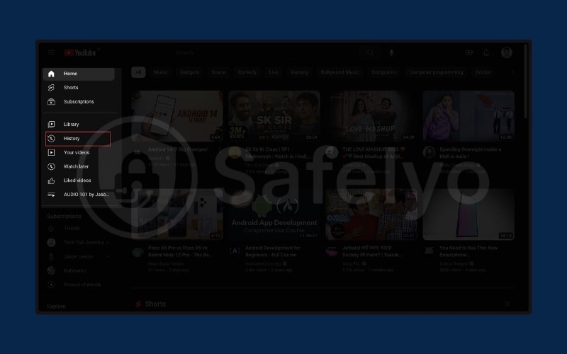 Open YouTube in your browser and click History