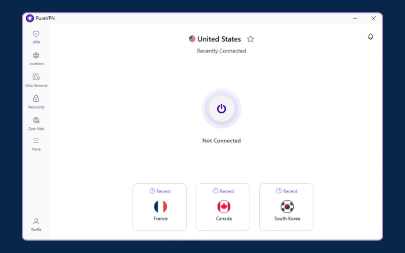 PureVPN - Desktop application interface