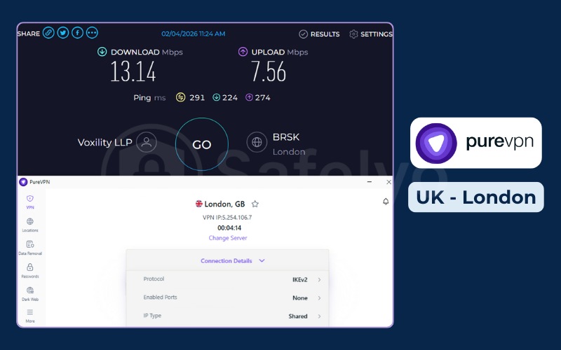 PureVPN review – Speed test – UK London server