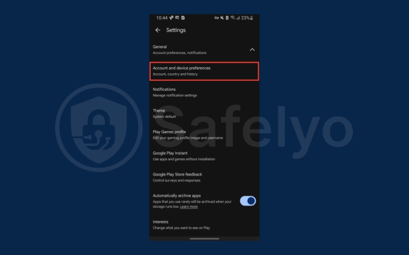 Select Account and device preferences