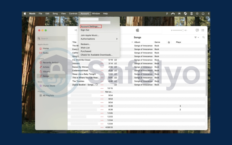 Select Account from the menu bar and click Account Settings