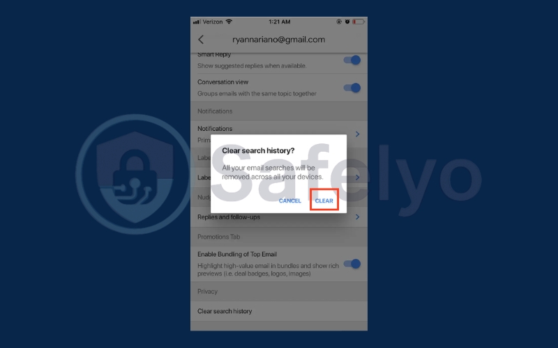 Select Clear to delete search history