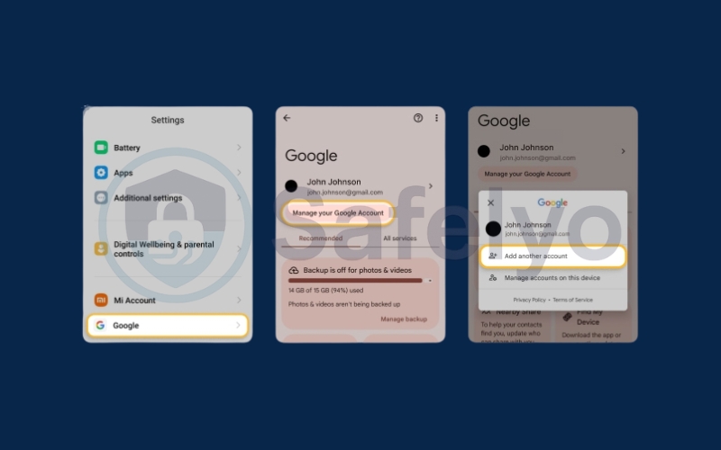 Select Google > Manage your Google Account > Add another account