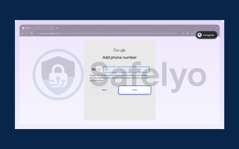 Select Skip when asked to enter your mobile number