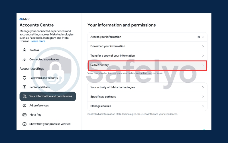 Select Your information and permissions and click Search history