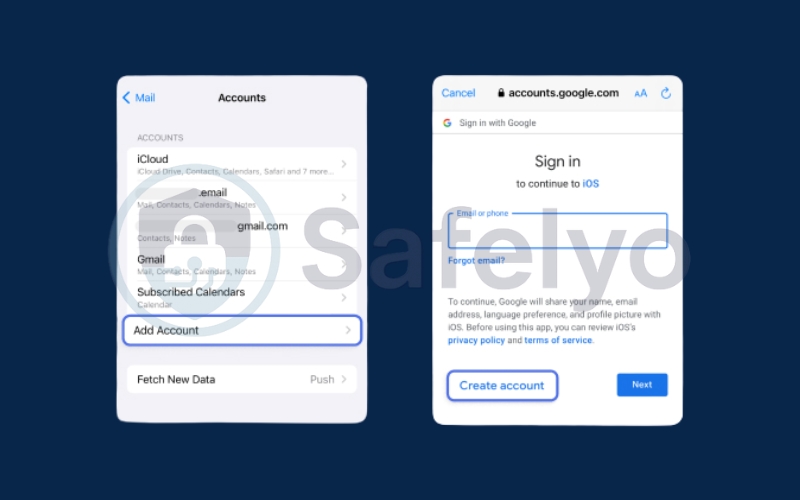 Select the Add Account and tap the Create account