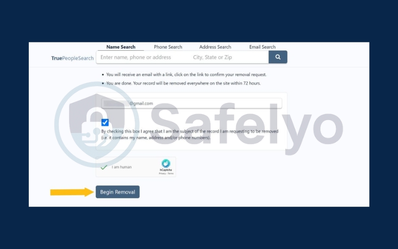 Submit your email address and choose Begin Removal