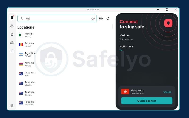 Surfshark - Typing "p2p" into the app's server search bar