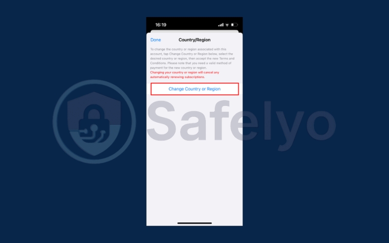 Tap Change Country or Region
