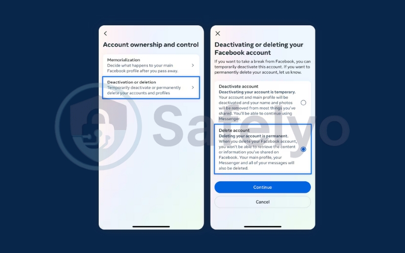 Tap Deactivation or deletion then select Delete account