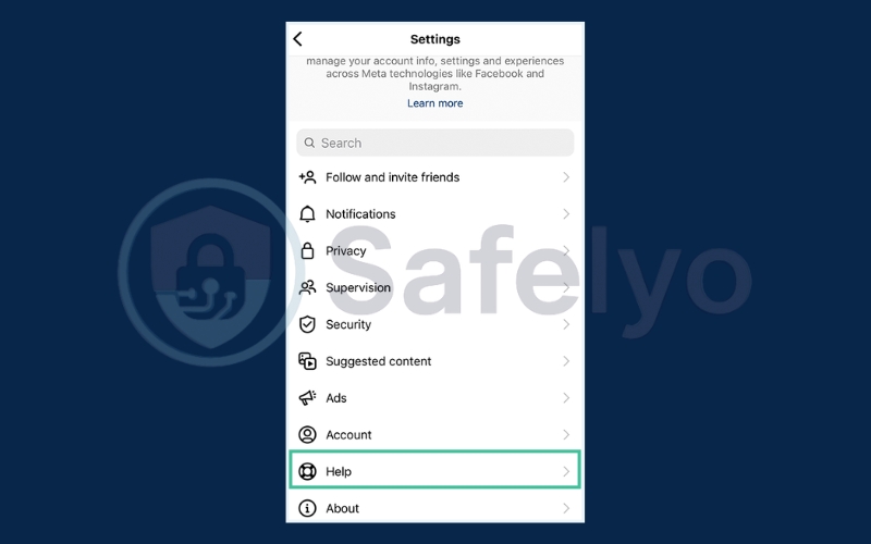 Tap Help in the Settings menu