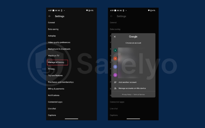 Tap Manage all history and select the Google account