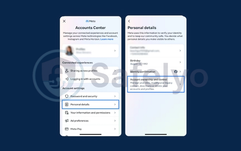 Tap Personal details and then Account ownership and control