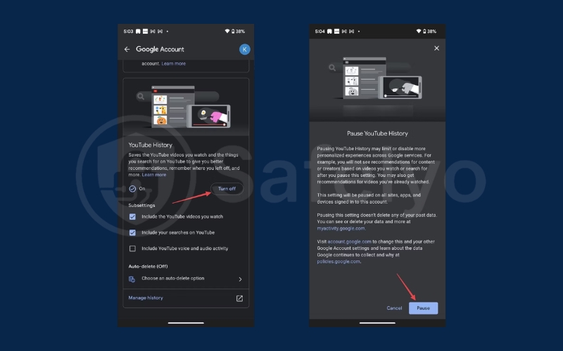 Tap Turn off and choose Pause to pause your YouTube history