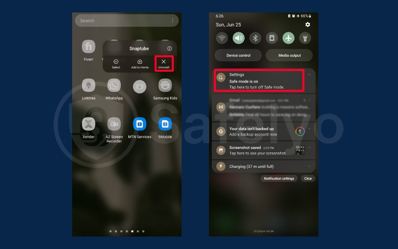 Tap Uninstall then tap Safe mode is on to turn it off